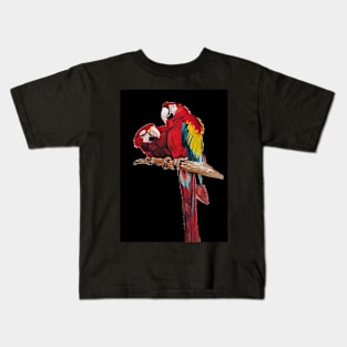 Red Macaw Parrot Watercolor Painting on Black Kids T-Shirt